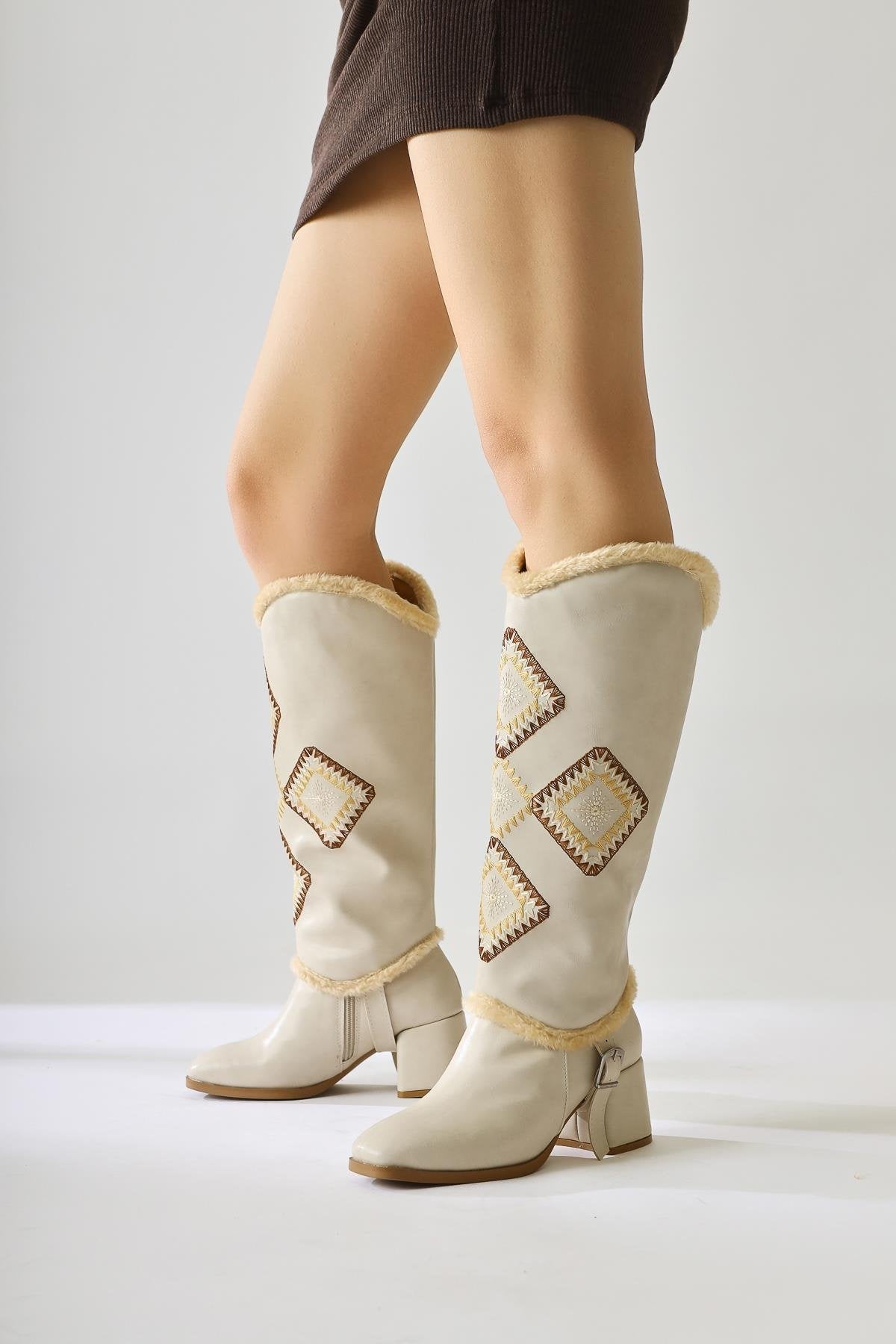 Hilka Nude Ethnic Patterned Boot with Removable Tassel
