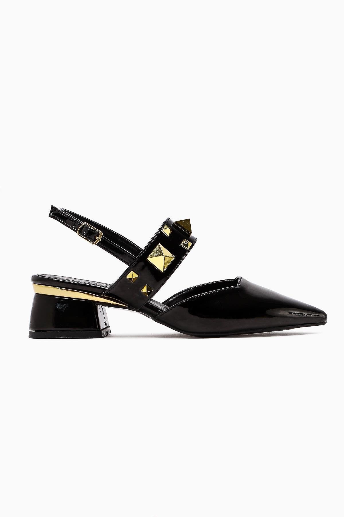 Nicoline Black Patent Pointed Toe Pyramid Studded Thick Strap Short Heeled Women’s Shoes