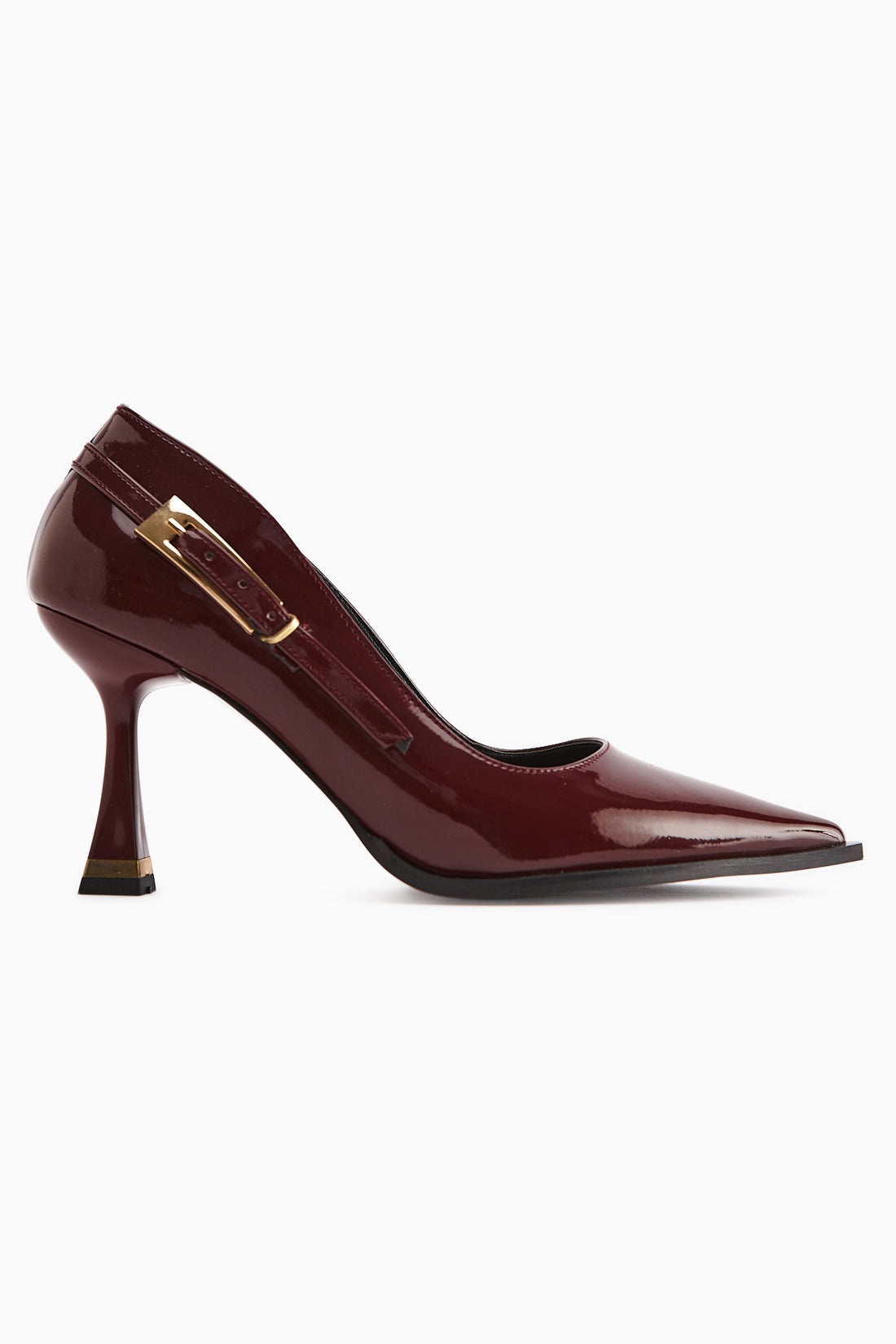 Mithra Burgundy Patent Pointed Toe Buckle Detailed Women’s Heeled Shoes