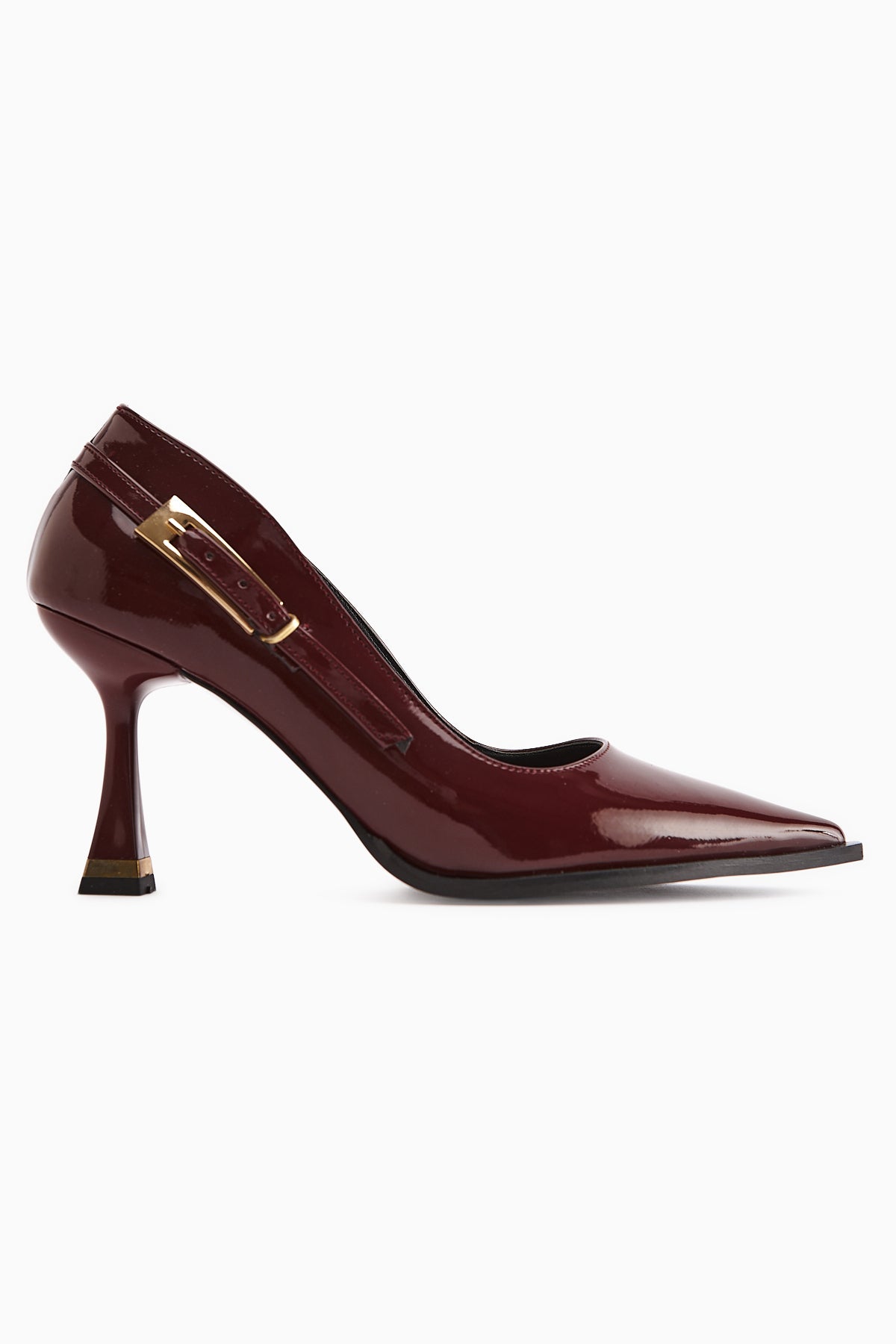Mithra Burgundy Patent Pointed Toe Buckle Detailed Women’s Heeled Shoes