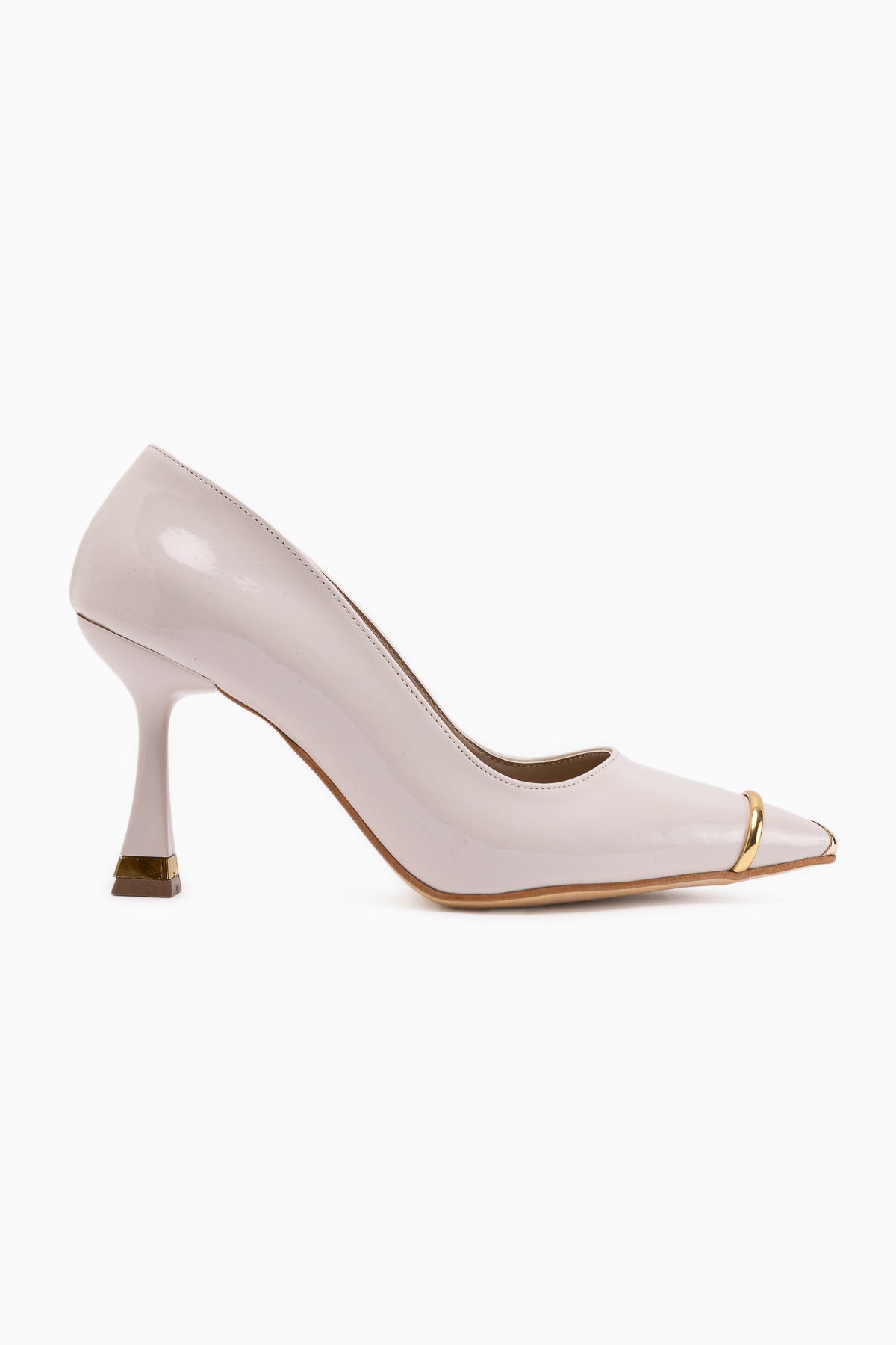 Lelia Beige Patent Leather Metal Toe Detailed Women’s Heeled Shoes