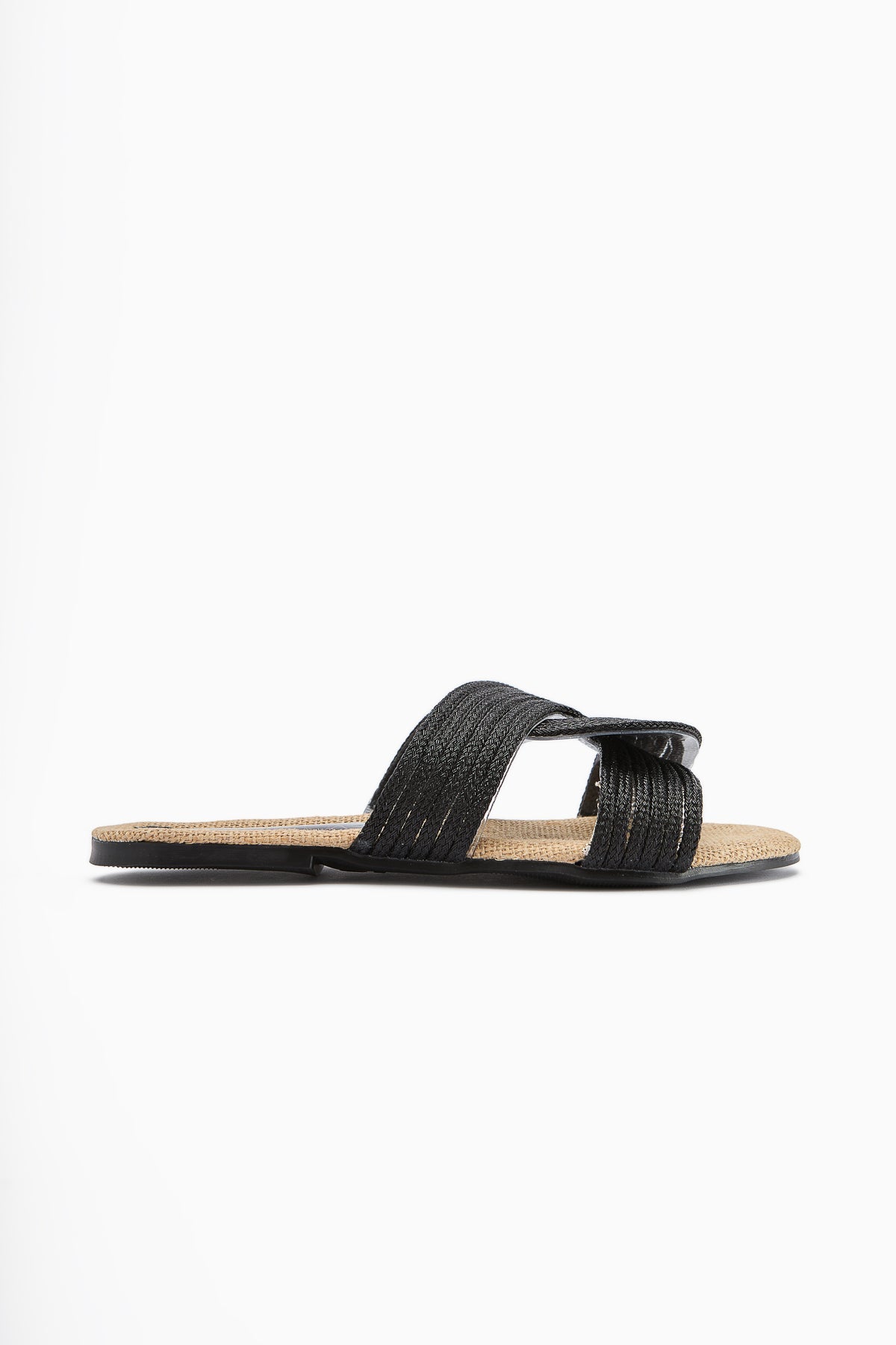 Nihaal – Black Straw Cross-Strap Flat Slide (Women)