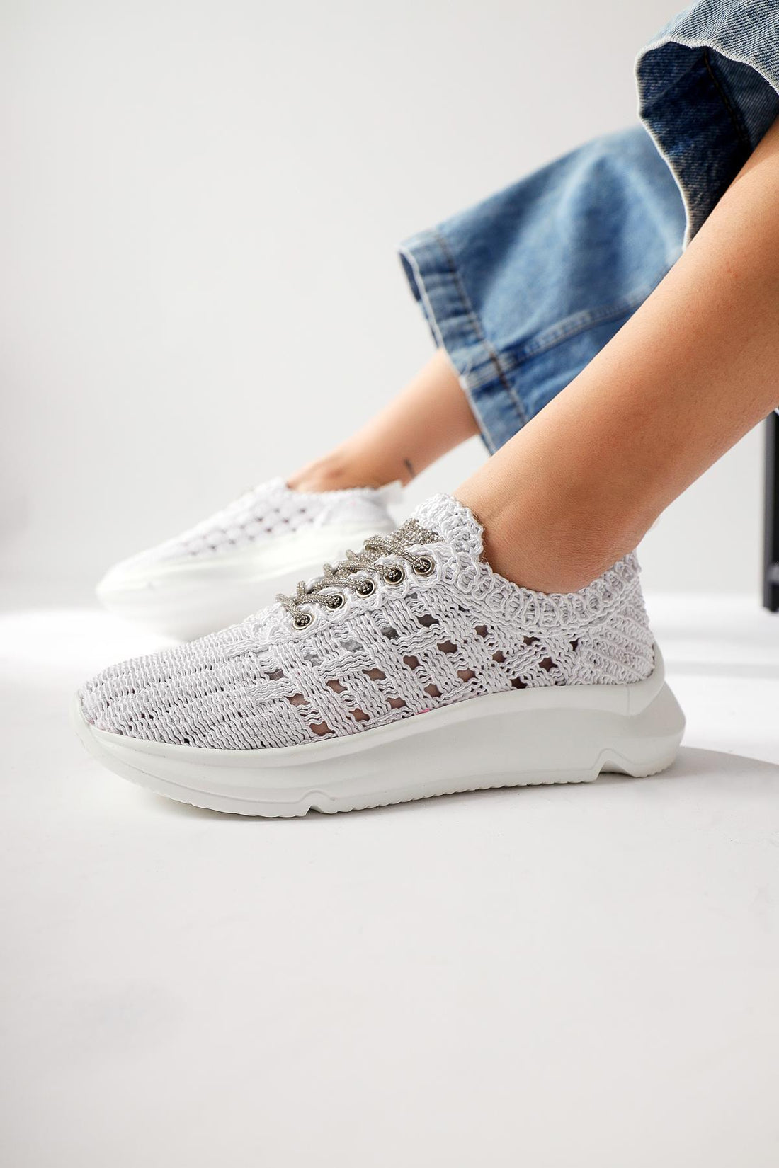Melisia White Stone Detail Knit Sneaker