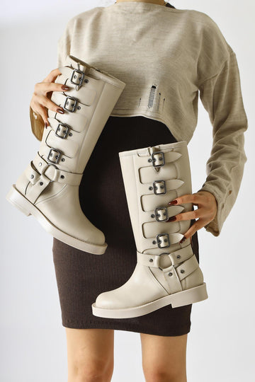 Luella Beige Zippered Boots with Belt Accessory