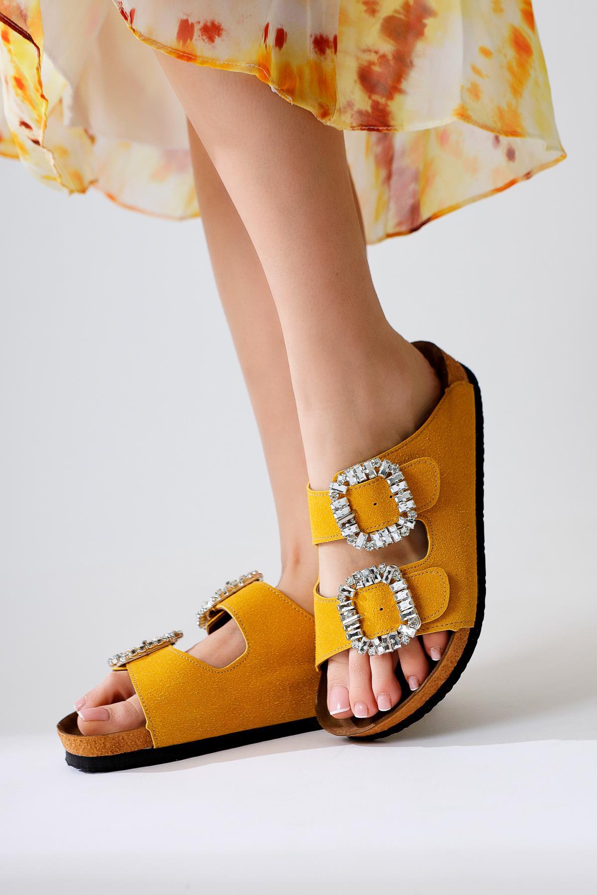 Brisa Yellow Double Strap Slippers with Stone Buckle Details