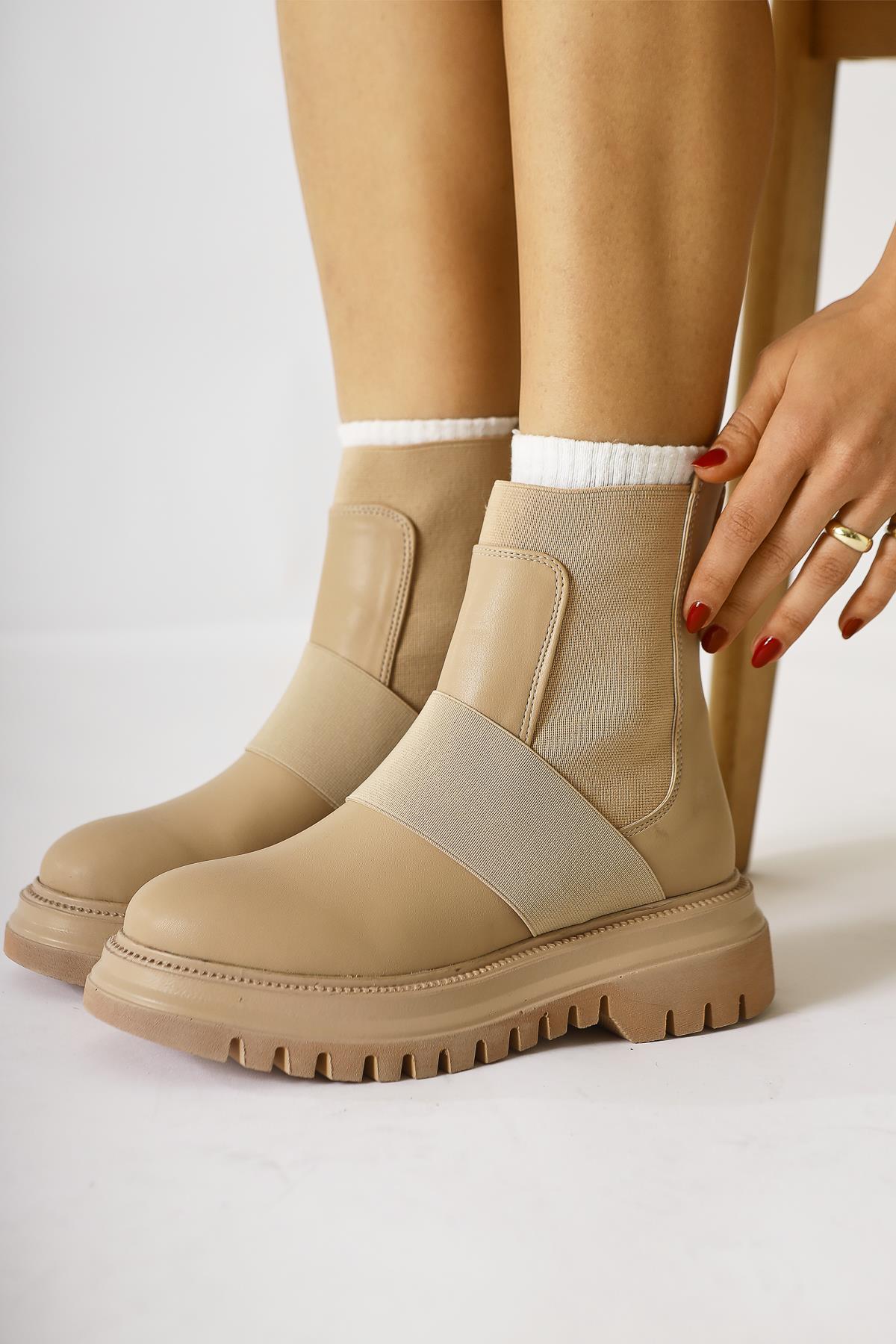 Millena Nude Elastic Belt Detailed Pull-On Women's Boot