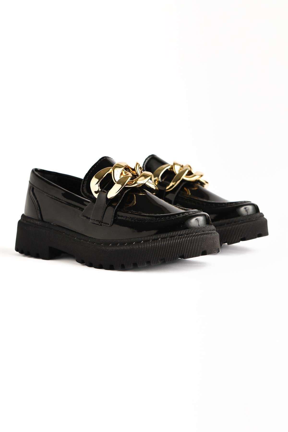 Fiori Black Patent Leather Kids' Moccasins with Buckle Detail