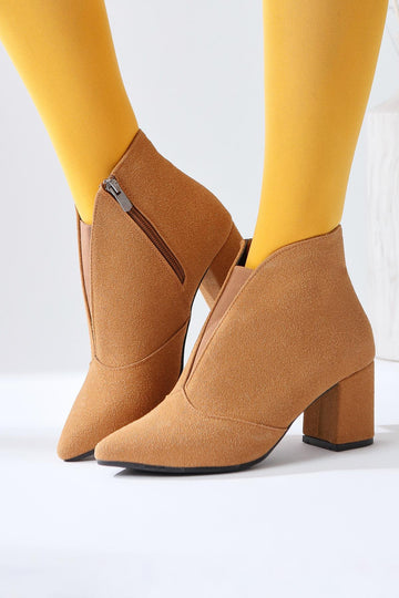 Maria Elena – Nude Suede Pointed-Toe Zippered Heeled Boot (Women)