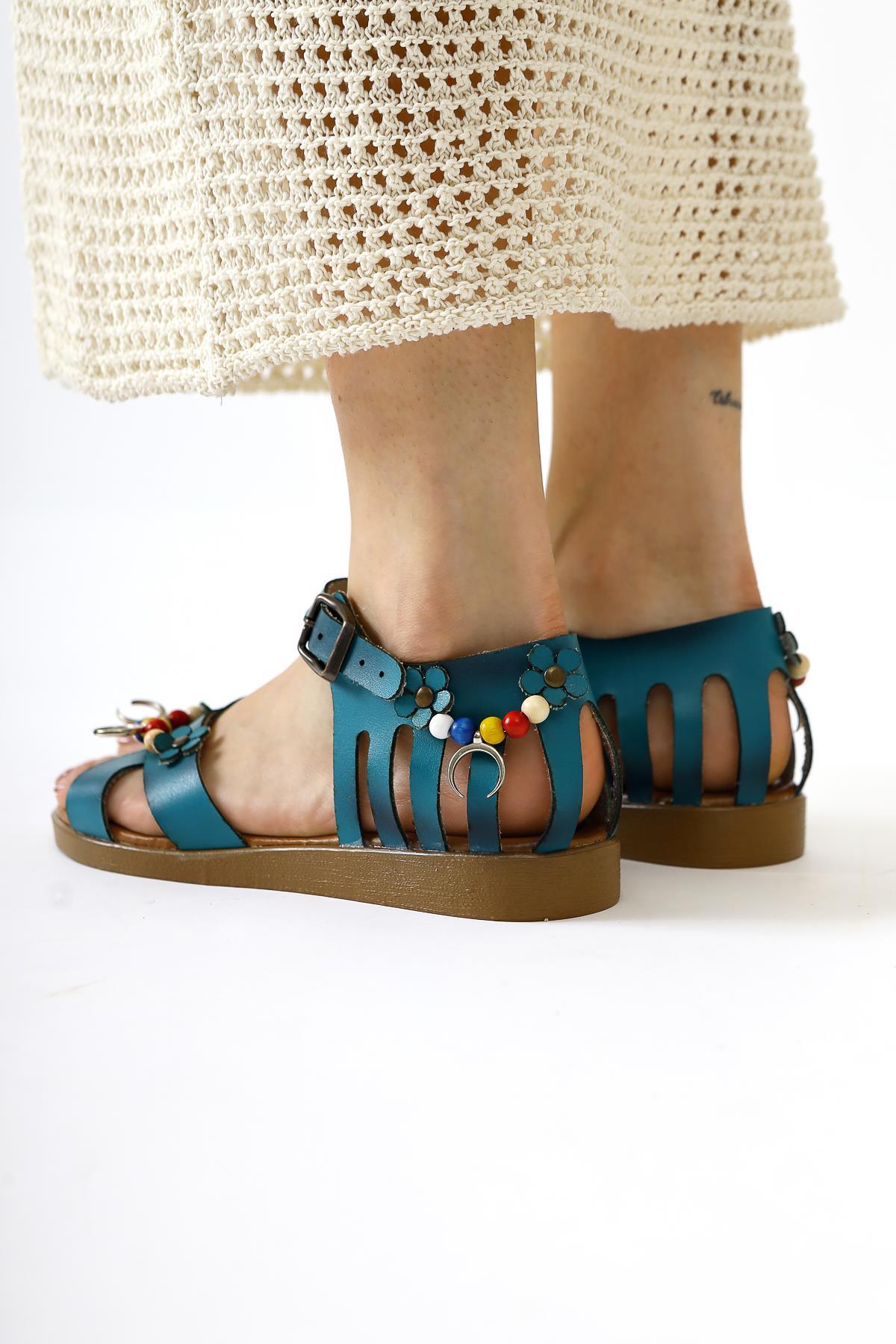 Alize Genuine Leather Turquoise Sandals with Bead and Leaf Details
