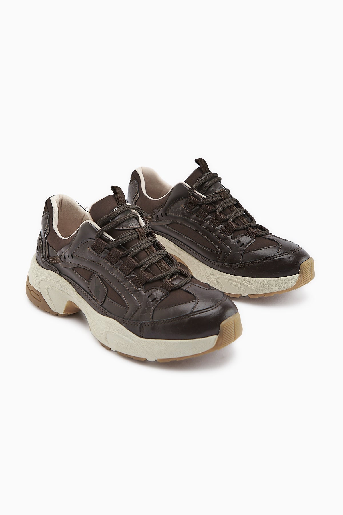 Caisa Coffee Textile Detailed Lace-Up Women's Sneakers