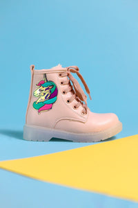 Jolene Powder Pink Unicorn Patch Light-Up Lace-Up Kids' Boots