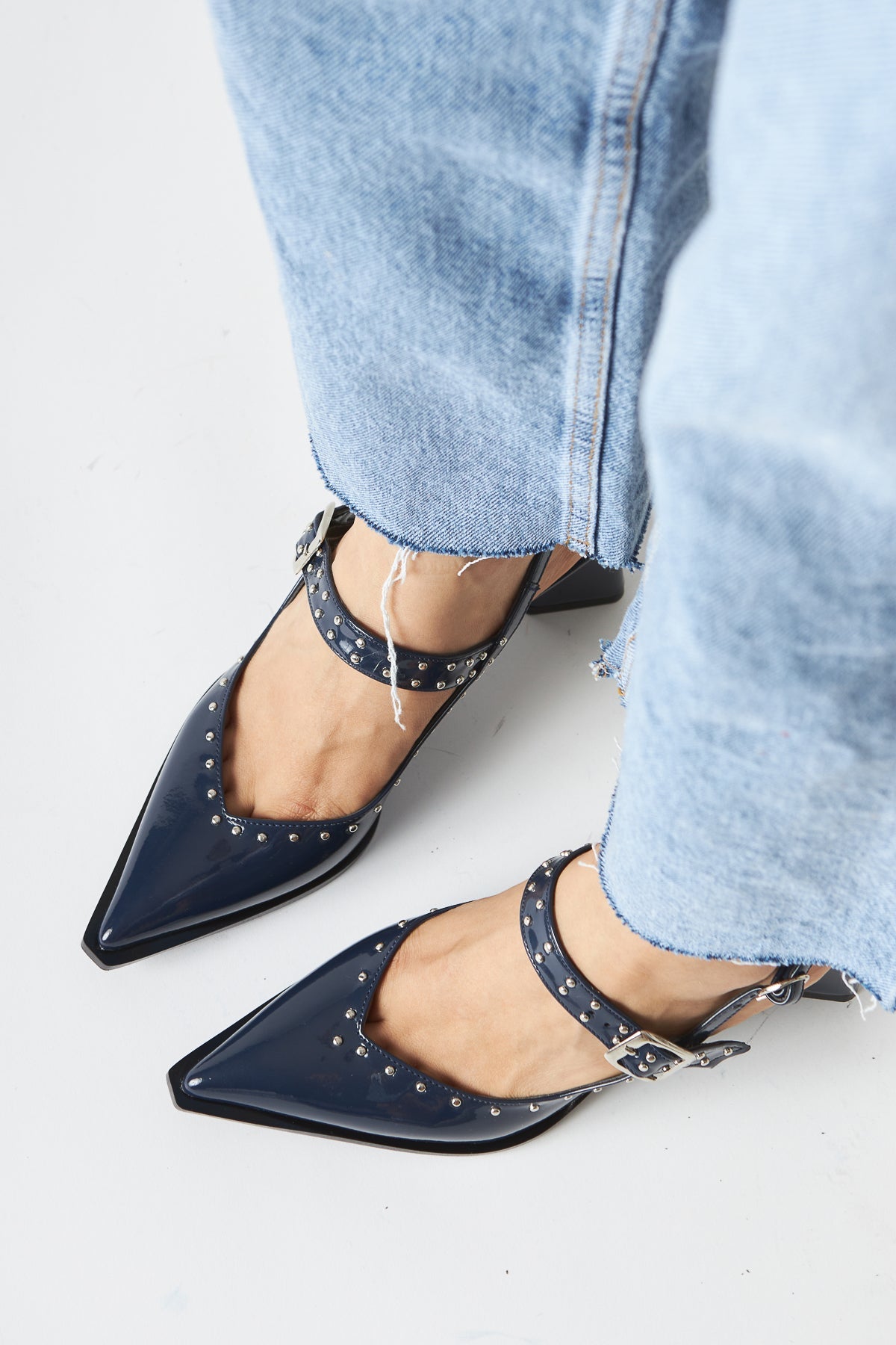 Nuria Navy Patent Leather Pointed Toe Strap Sandals for Women