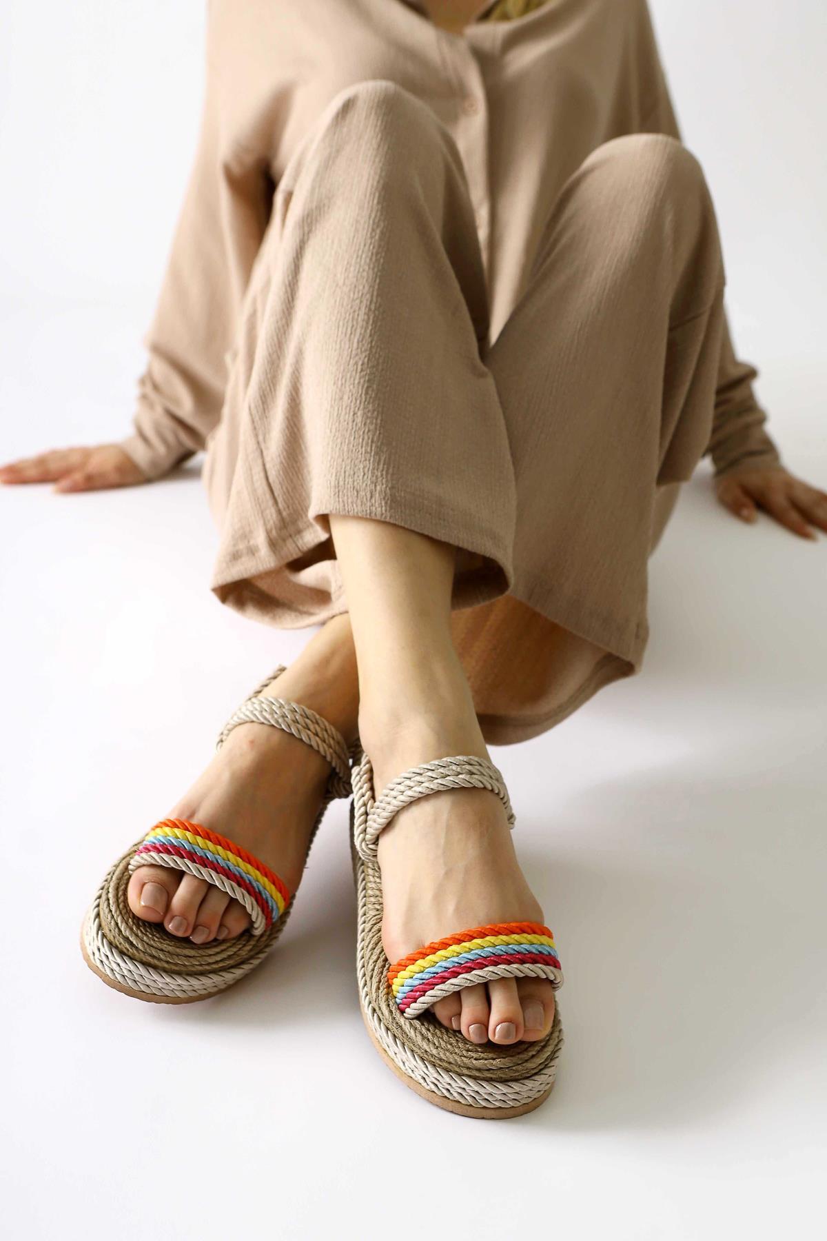 Velika Cream - Multicolor Thick Soled Rope Sandals