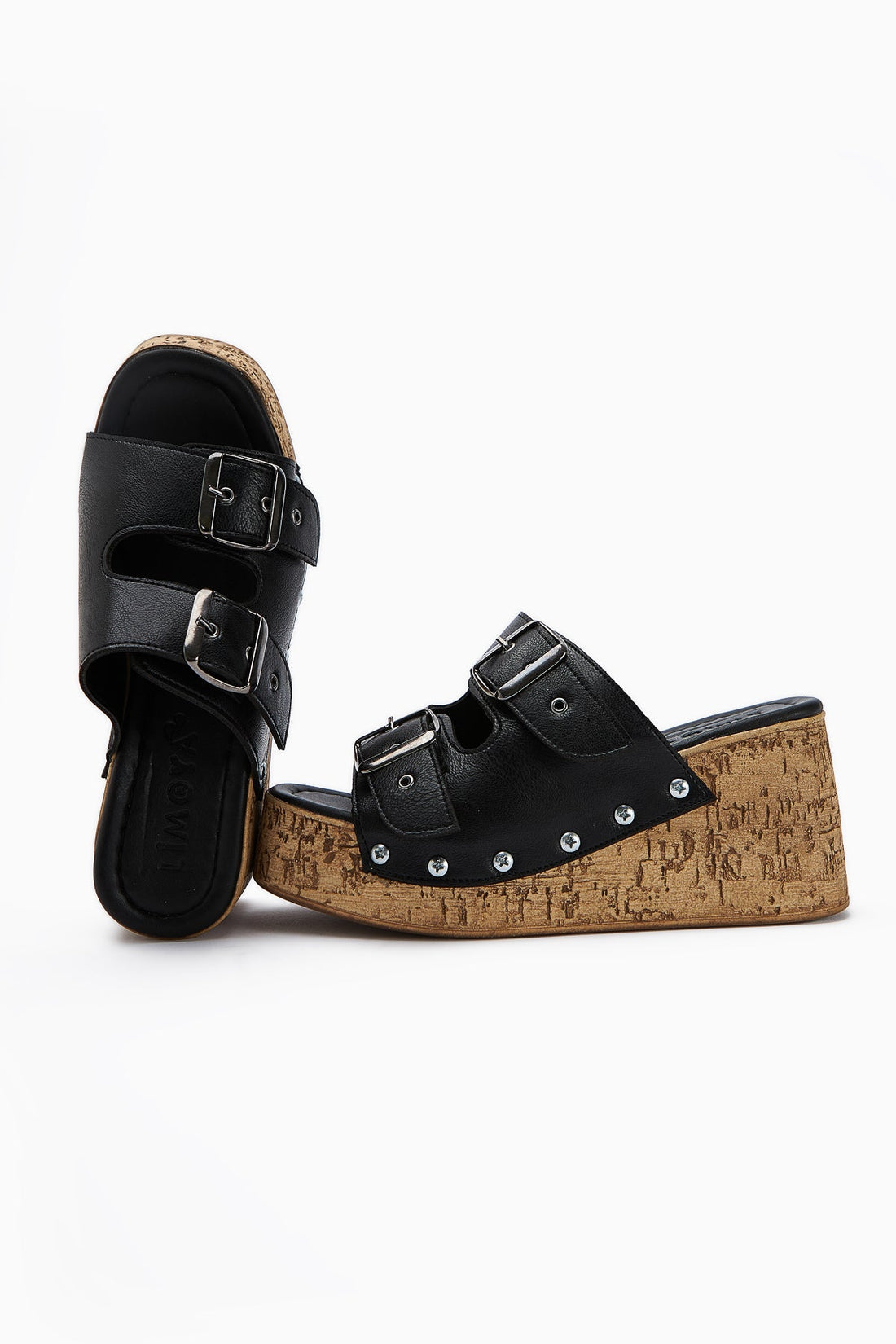 Ratka Black Double-Strap Platform Heeled Women's Slippers