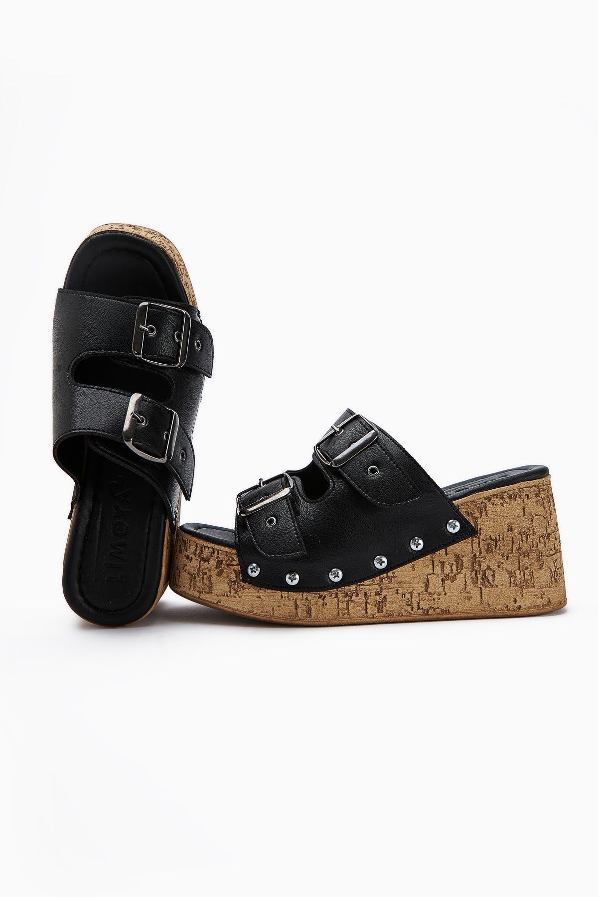 Ratka Black Double-Strap Platform Heeled Women's Slippers