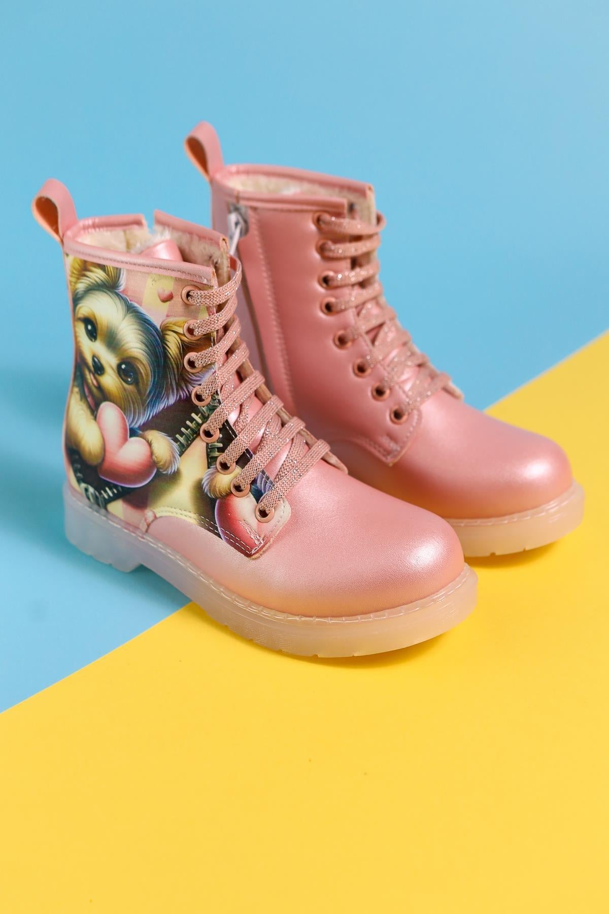 Elena Pink Cartoon Character Print Lace-Up Kids' Boots