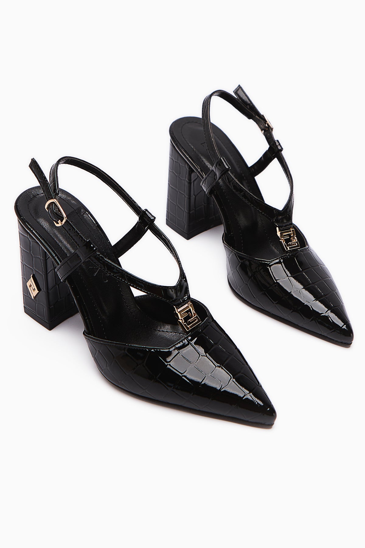Celina Black Crocodile Patterned Pointed Toe Women’s Heeled Shoes