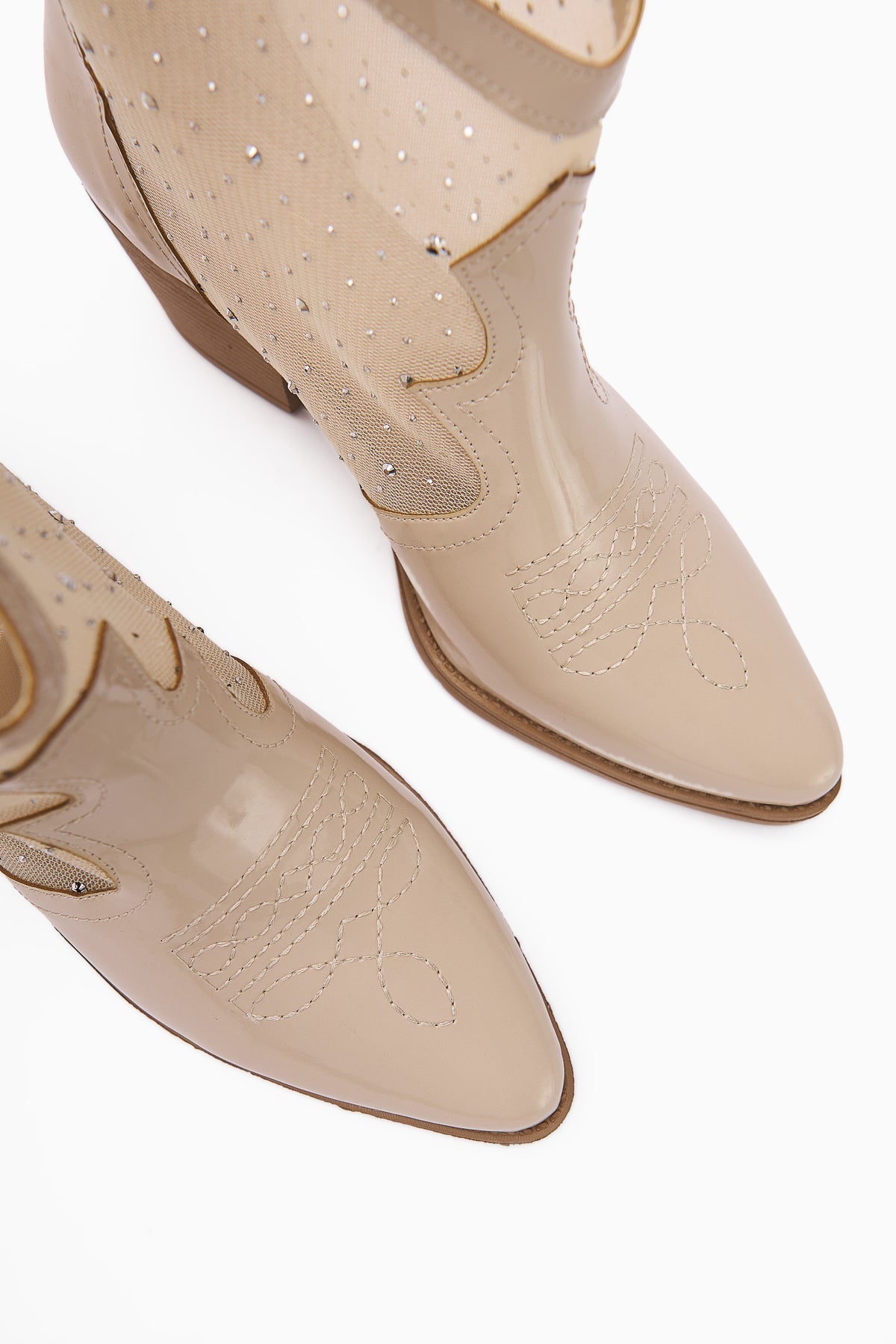 Rudi – Beige Patent Embroidered Western Stone-Embellished Summer Boot (Women)
