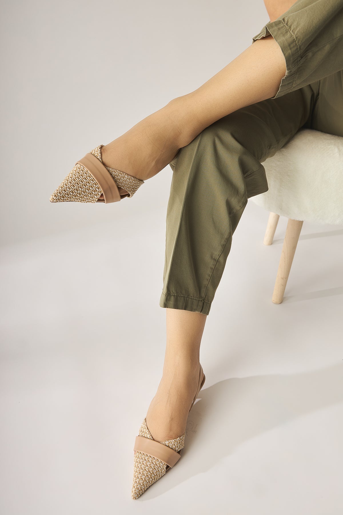 Hina Beige Woven Detail Low Heel Women's Sandals