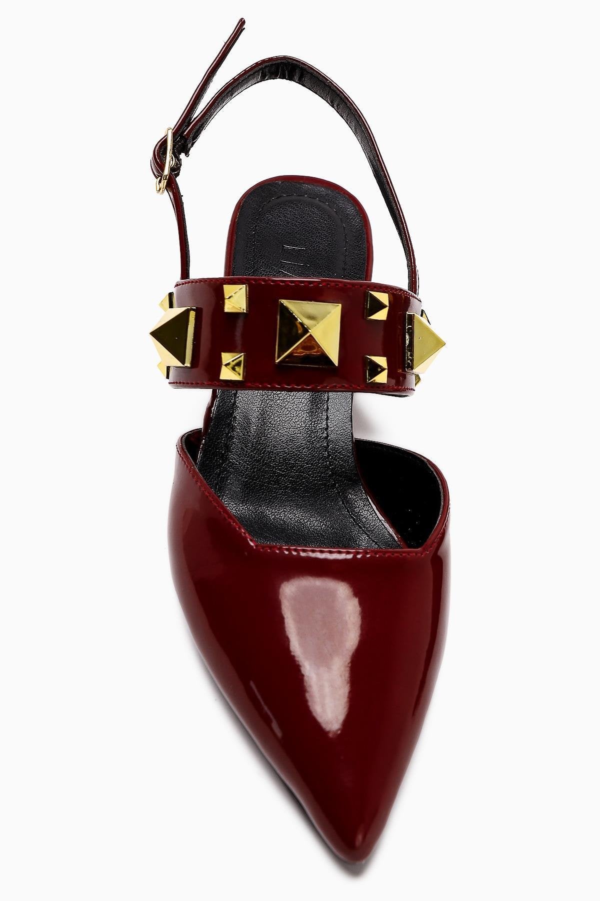 Nicoline Burgundy Patent Pointed Toe Pyramid Studded Women’s Heeled Shoes