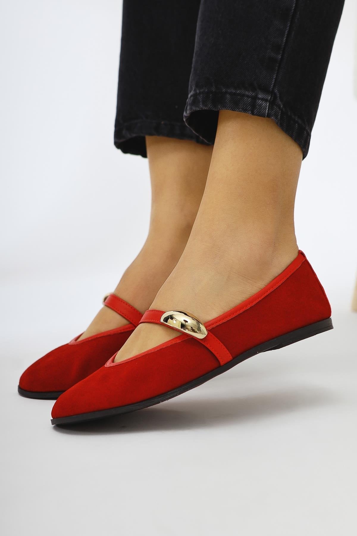Aliana Genuine Leather – Red Suede Buckle-Detail Ballet Flat (Women)
