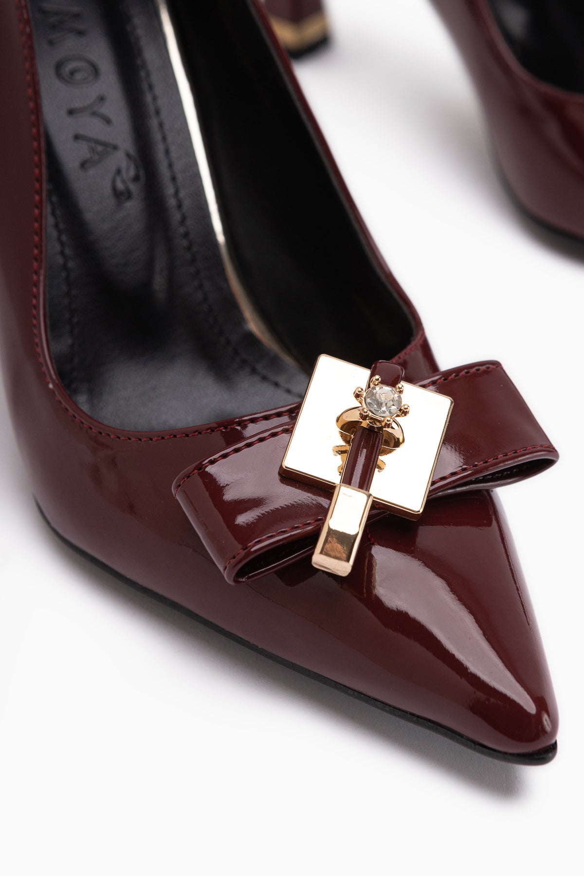 Mimosa Burgundy Patent Leather Pointed Toe Single Stone Buckle Detailed Women’s Heeled Shoes