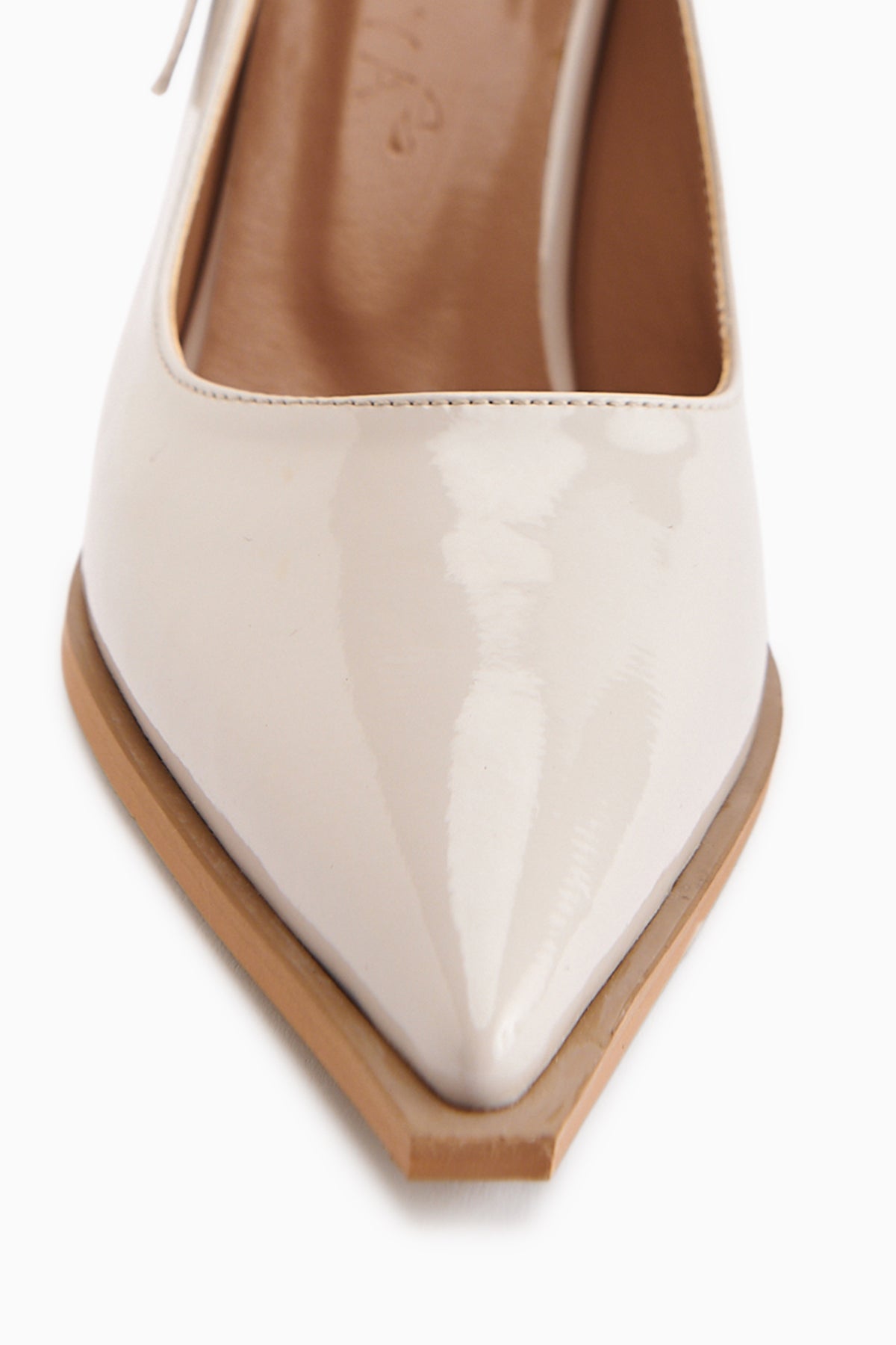 Mithra Beige Patent Pointed Toe Buckle Detailed Women’s Heeled Shoes