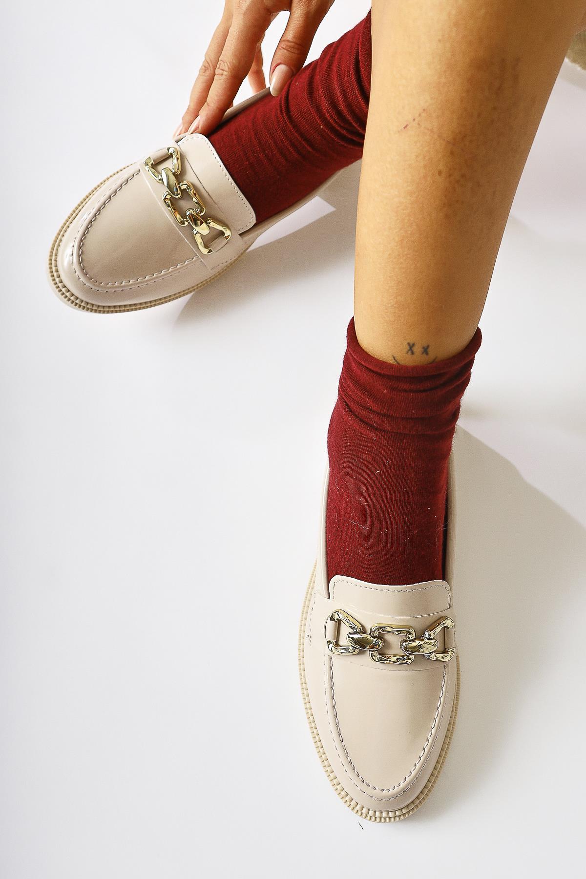 Anikka Beige Patent Buckle Detail Everyday Shoes