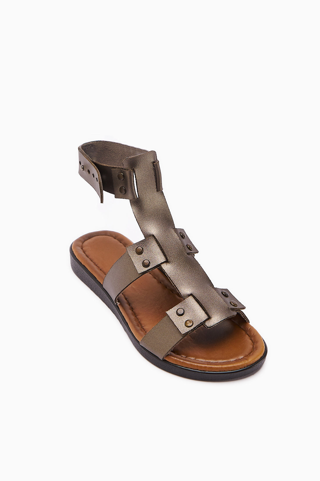Genuine Leather Rayen Platinum Three Strap Studded Women’s Sandal