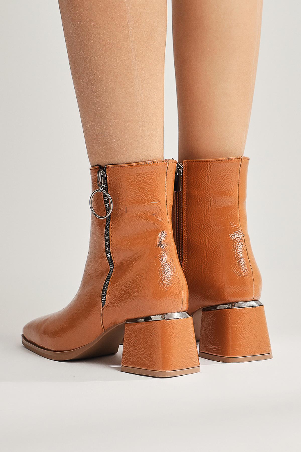 Deyana Taba Crinkled Patent Leather Zipper Accessorized Boot