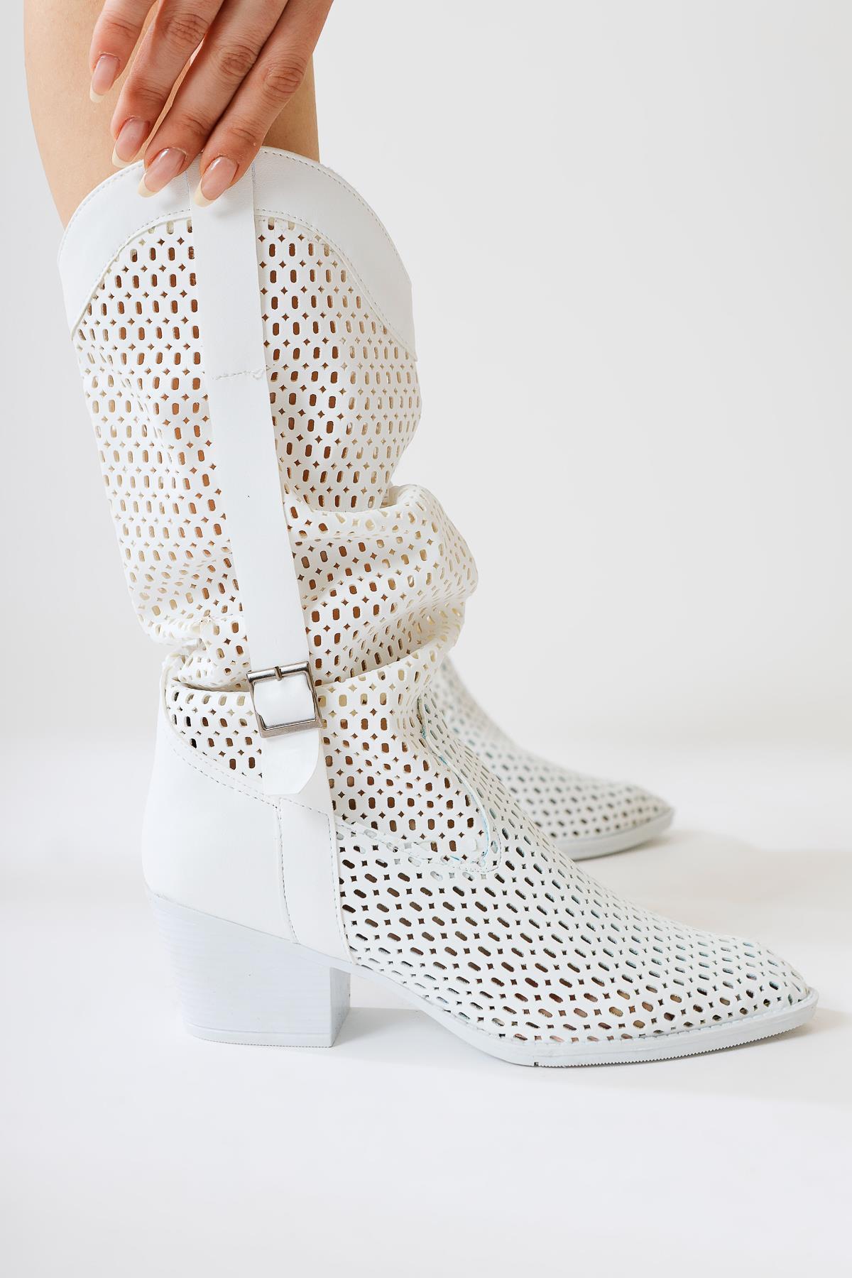 Orietta White Laser Cut Flared Summer Boots