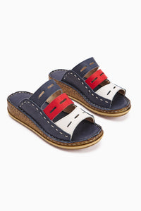 Genuine Leather Joelle Navy Red White Comfort Laser Cut Slippers