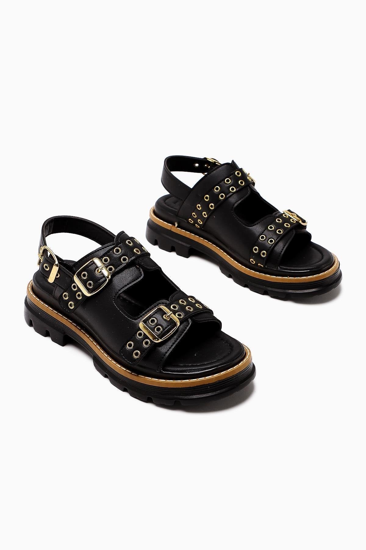 Julija Black Double Strap Women's Sandal with Stud Details and Thick Sole