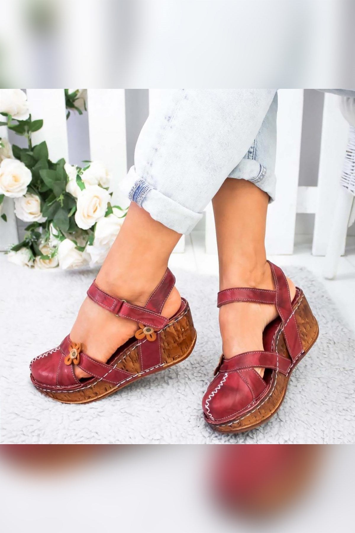Katlyn Genuine Leather Burgundy Sandals with Floral Detail and Chunky Heel