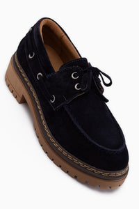 Matina Genuine Leather Navy Suede Lace-Up Thick Sole Women’s Loafer Shoes