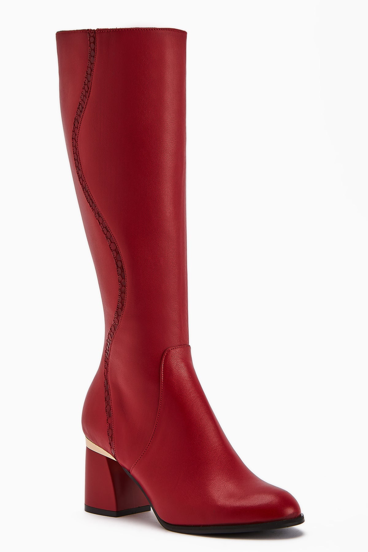 Kaylin – Genuine Leather Red Snake-Print Detail Heeled Knee-High Boot (Women)