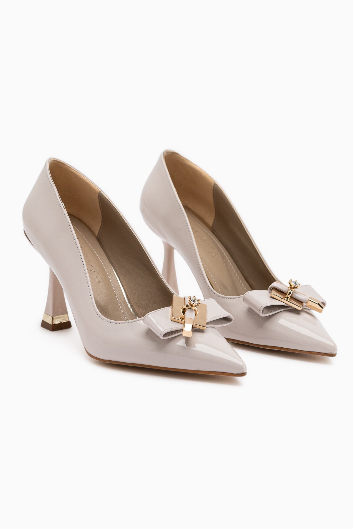 Mimosa Beige Patent Pointed Toe Single Stone Buckle Detailed Women’s Heeled Shoes