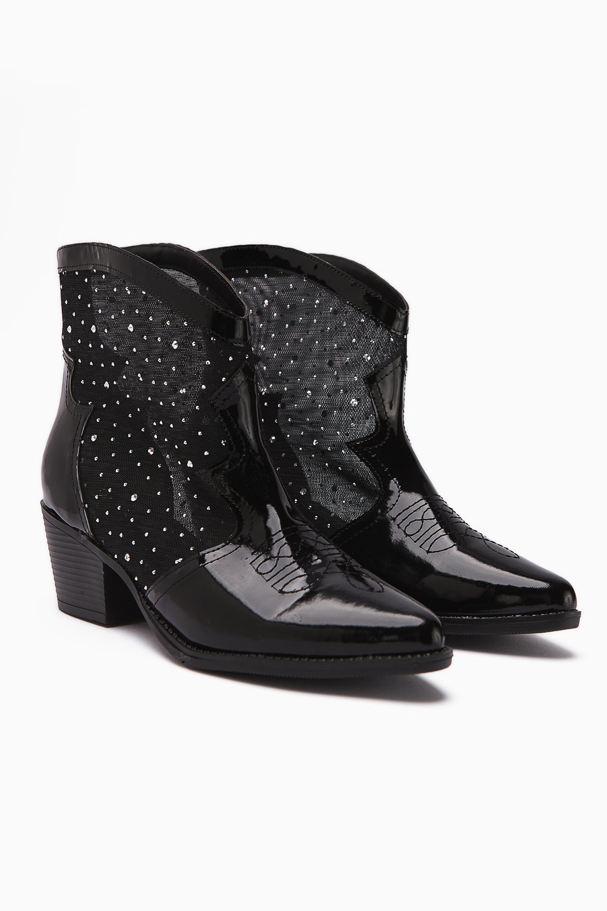 Rudi – Black Embroidered Western Stone-Embellished Summer Patent Vegan Material Boot (Women)