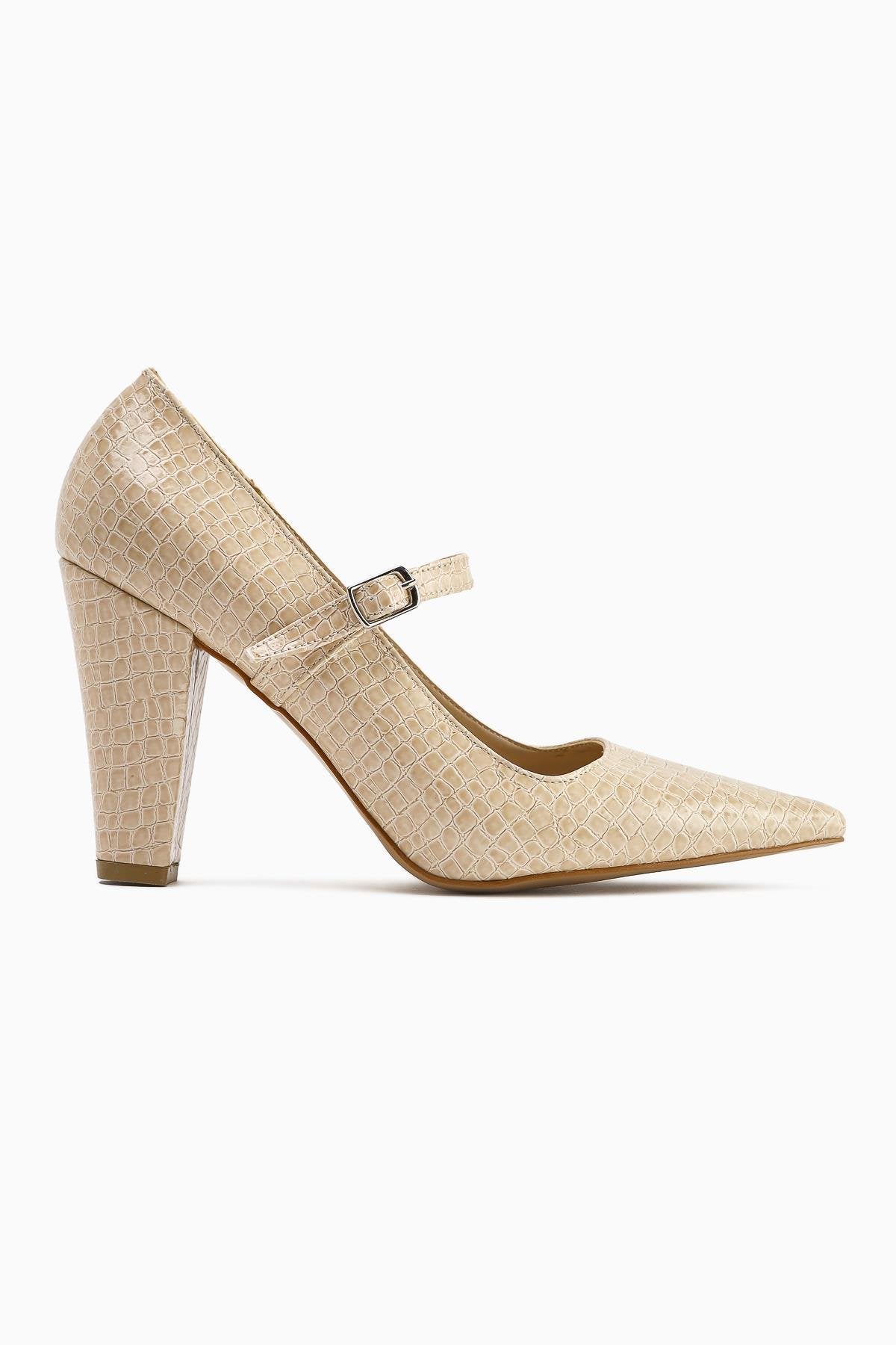 Beate Beige Crocodile Leather Print Pointed Toe Heeled Women’s Shoes