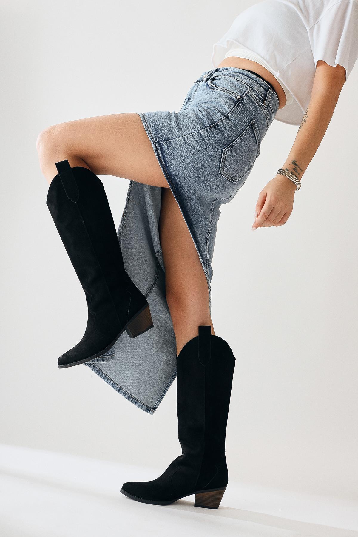 Lhena – Black Suede Western Pull-On Knee-High Boot (Women)