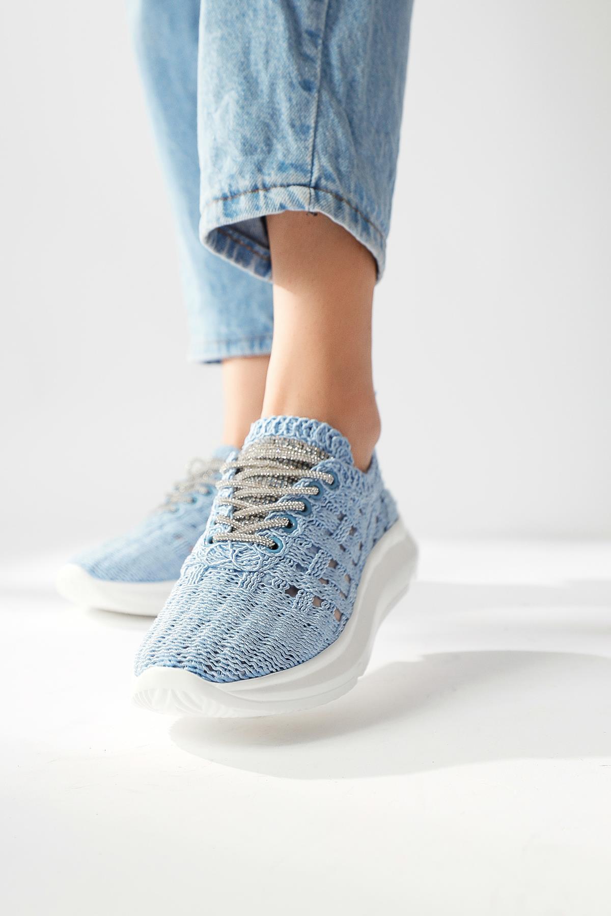Melisia Blue Stone-Detailed Knit Sneakers