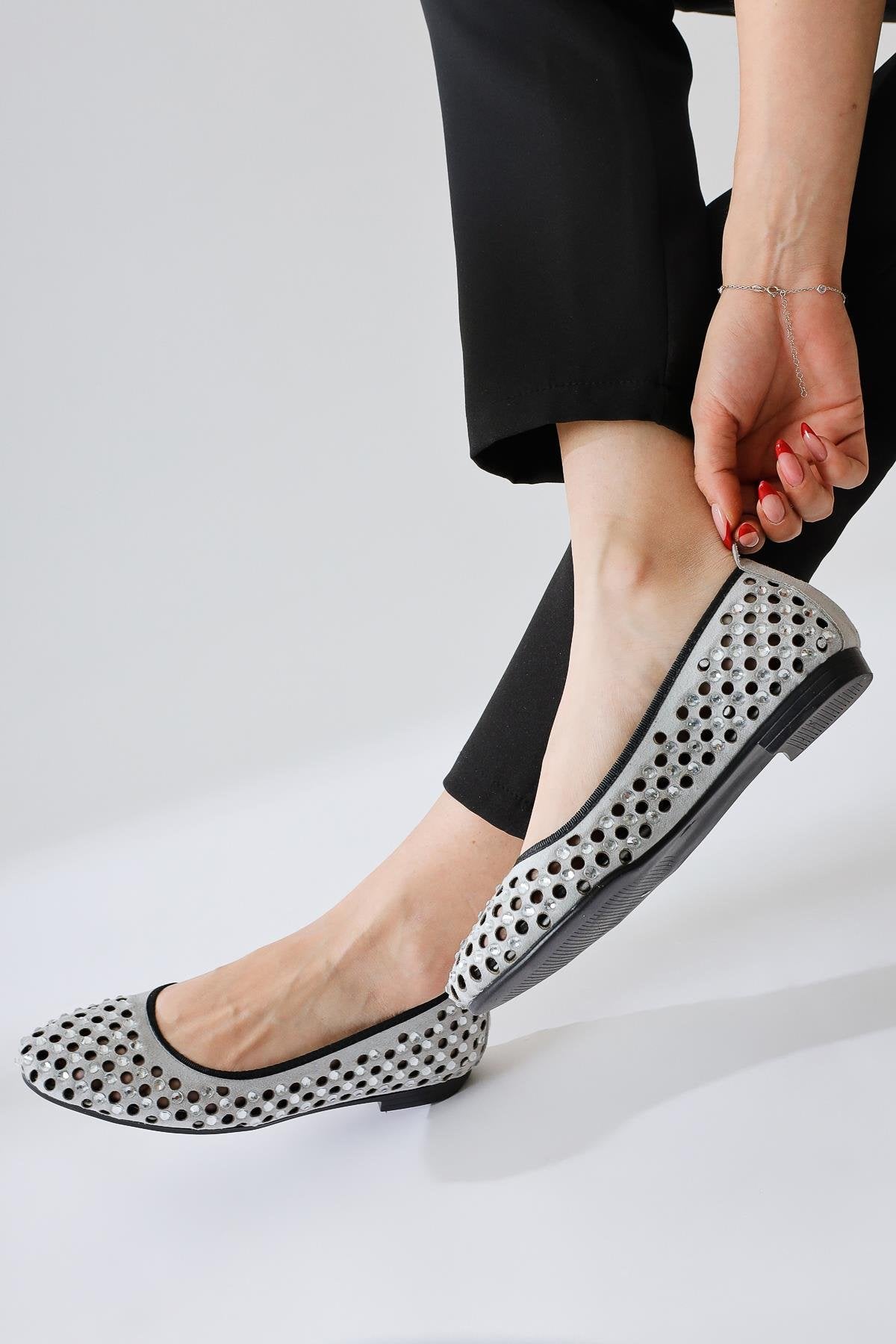 Milinda – Gray Suede Laser-Cut Stone-Embellished Ballet Flat (Women)