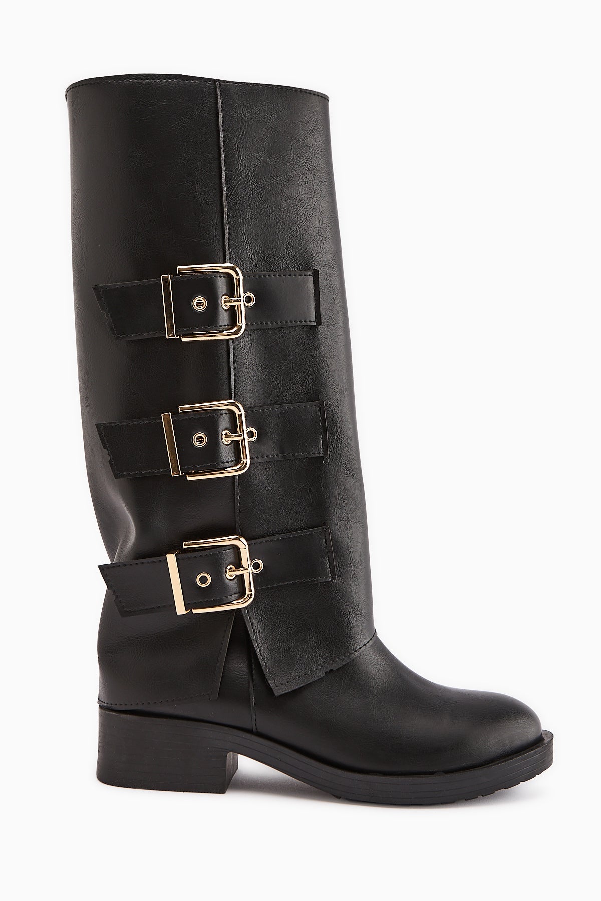 Adelina Black Leather Belted Women's Biker Boot