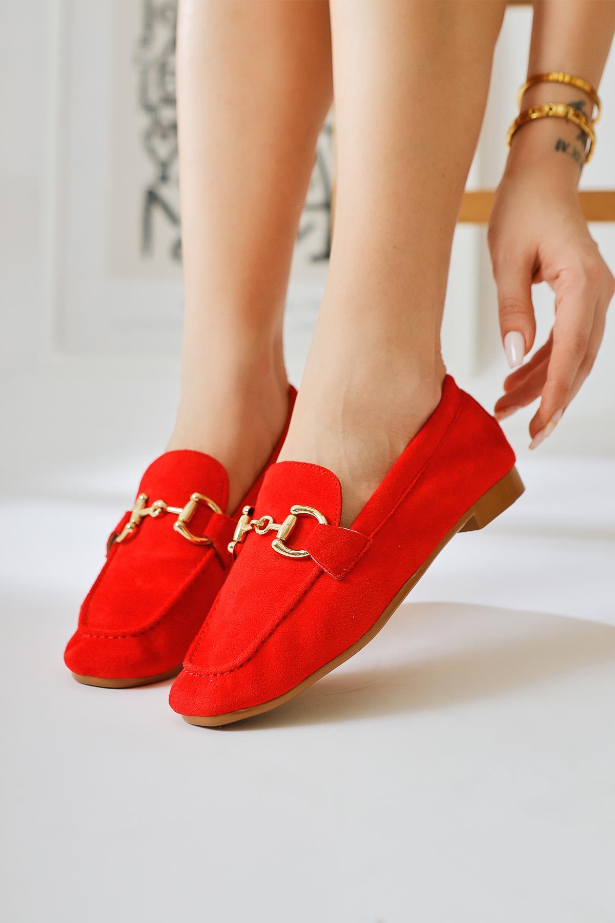 Shirly Red Suede Buckle Detailed Casual Shoes
