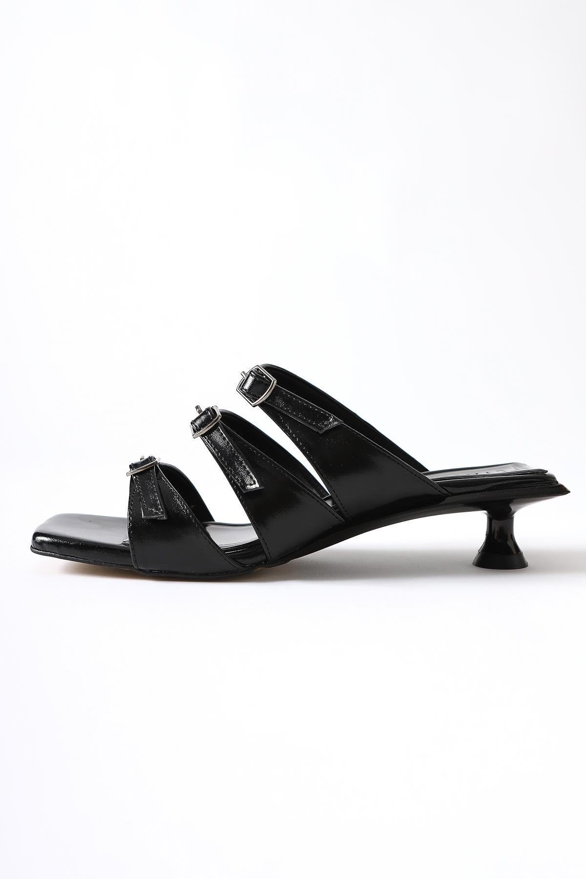 Mellanie Black Patent Leather Triple Strap Low Heel Slides