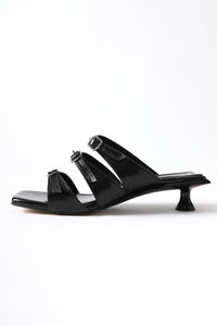 Mellanie Black Patent Leather Triple Strap Low Heel Slides