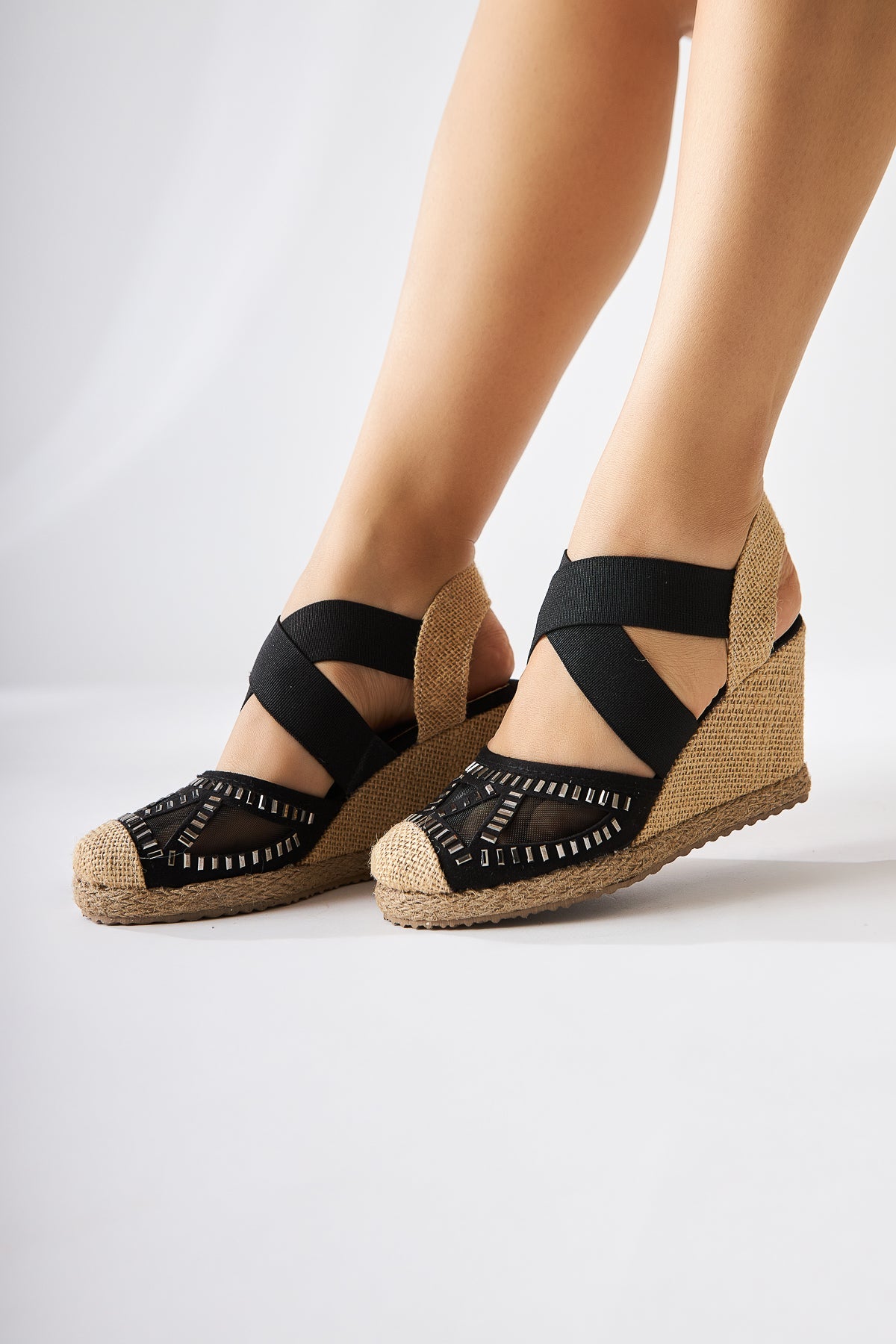 Meliza Black Elasticated Espadrille Heeled Women's Sandals