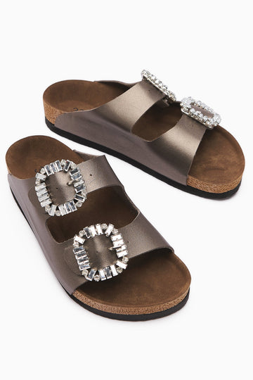 Brisa Platinum Double Strap Stone Buckle Detail Slipper