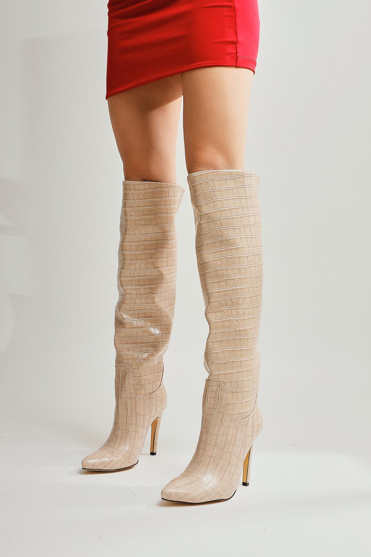 Nenya – Beige Croc-Embossed Pointed-Toe Slim Heel Over-The-Knee Boot (Women)
