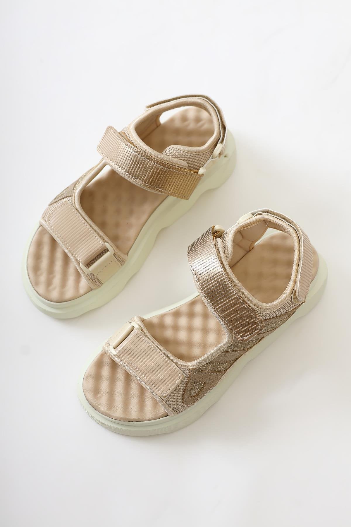 Quan Beige Sandal with Sequin Detail and Comfortable Velcro Sole